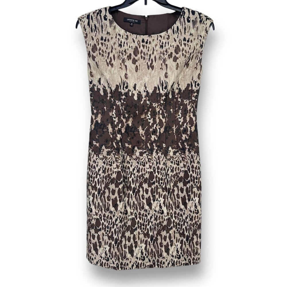 Lafayette 148 Josie Jacquard Animal Print Sheath Dress Womens Size 10 Brown Tan